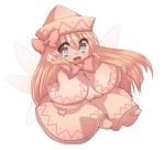  barefoot blonde_hair blue_eyes chibi cream_(nipakupa) fairy hat lily_white long_hair lowres open_mouth ribbon smile solo touhou wings 