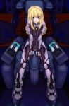  blonde_hair blue_eyes bodysuit breast_squeeze breasts cockpit highres joystick long_hair mecha muvluv navel scharfschutze science_fiction shiny shiny_clothes sitting skin_tight smile solo straddle the_euro_front 