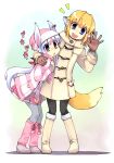  :d animal_ears apricot apricot_(yamai) blonde_hair blue_eyes boots bunny_ears coat fang fox_ears fox_tail gloves knee_boots long_hair multiple_girls open_mouth original pantyhose scarf skirt smile tail usa usa_(yamai) waving winter_clothes yamai 