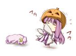  1girl blush closed_eyes eyes_closed hat patchouli_knowledge pumpkin purple_hair rioshi solo touhou translated translation_request 