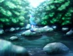  blue_eyes blue_hair blurry camouflage depth_of_field hair_bobbles hair_ornament highres kawashiro_nitori looking_back nature rock rubber_boots ryosios short_hair solo sunbeam sunlight touhou transparent water 