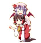  all_fours ascot bat_wings blush brown_hair closed_eyes detached_sleeves eyes_closed hakurei_reimu hat hug japanese_clothes miko multiple_girls red_eyes remilia_scarlet ribbon rioshi short_hair touhou wings 