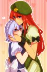  beret blue_eyes braid hand_on_another's_cheek hand_on_another's_face hand_on_cheek hat heart height_difference hong_meiling hug izayoi_sakuya lavender_hair lgw7 long_hair maid maid_headdress multiple_girls red_hair redhead short_hair short_sleeves size_difference the_embodiment_of_scarlet_devil touhou yuri 