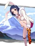  blue_hair breasts brown_eyes bunny_ears cleavage copyright_request highres kazufumi_(kaz-newt) kazufumi_(pixiv95334) short_hair shorts solo tiger_print undressing 