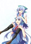  adult alternate_hair_length alternate_hairstyle carrying cirno cirno-nee dual_persona highres long_hair lozelia multiple_girls piggyback shoulder_carry thighhighs touhou wink 