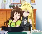  :d blonde_hair blush brown_hair closed_eyes detached_sleeves dishes eyes_closed friends happy konjiki_no_yami leaning long_hair multiple_girls open_mouth red_eyes screencap smile table teapot to_love-ru toloveru very_long_hair wallpaper yuuki_mikan 