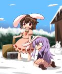 :d :x animal_ears brown_hair bunny_ears chibi dokuta ear_grab hammer highres inaba_tewi long_hair multiple_girls open_mouth purple_hair red_eyes reisen_udongein_inaba scared short_hair smile snow touhou 