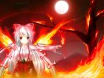  bow fire fujiwara_no_mokou full_moon hair_bow highres jewelry long_hair moon necklace red_eyes red_moon smile solo star_(sky) touhou tree white_hair wings yujik 