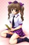  bad_id brown_eyes brown_hair cellphone checkered checkered_background checkered_skirt hat himekaidou_hatate maru54 necktie panties pantyshot phone short_hair sitting skirt solo tokin_hat touhou twintails underwear 