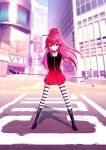  building city cul dress long_hair microphone microphone_stand original ponytail red_eyes red_hair solo striped striped_legwear striped_thighhighs thigh-highs thighhighs vocaloid vy1 vy1_(cosplay) yonasawa 