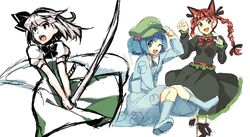  animal_ears blue_eyes blue_hair boots bow braid cat_ears cat_pose dress ghost hair_bobbles hair_ornament hairband hat kaenbyou_rin katana kawashiro_nitori konpaku_youmu konpaku_youmu_(ghost) long_hair multiple_girls myon open_mouth paw_pose red_eyes red_hair redhead short_hair silver_hair simple_background sketch smile sword touhou twin_braids twintails weapon weee_(raemz) wink 