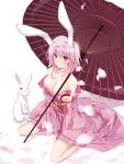  bare_shoulders blush breasts bunny bunny_ears cleavage from_above japanese_clothes kimono kneeling large_breasts oriental_umbrella original petals pink_hair rabbit red_eyes satomi short_hair smile solo umbrella 