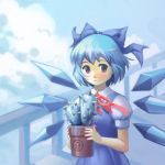  ? artist_request blue_hair cactus cirno frozen hair_ribbon ice iichan.ru okha plant potted_plant ribbon sky solo touhou wings â‘¨ 