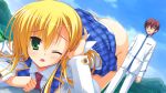  ass blonde_hair blush faceless faceless_male fallen_down green_eyes kanemoto_akari kobuichi no_panties noble_works open_mouth plaid presenting school_uniform thighhighs top-down_bottom-up wink 