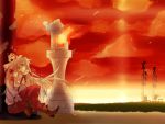  bad_id boots bracelet chain chains chin_rest fujiwara_no_mokou jewelry long_hair profile railroad_crossing red sitting sky solo sunset touhou wind y_k 