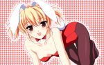  animal_ears blonde_hair bunny_ears bunny_tail bunnysuit checkered checkered_background fang highres kakesu original pantyhose red_eyes short_hair solo tail twintails wallpaper 