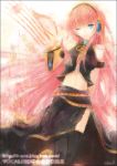  blue_eyes effier_kyo headphones long_hair megurine_luka navel pink_hair side_slit smile solo standing thigh-highs thighhighs vocaloid wink 