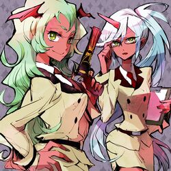  double_gold_lacytanga gun horn kneesocks_(character) kneesocks_(psg) panty_&amp;_stocking_with_garterbelt scanty scanty_(psg) shinoasa weapon 