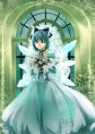  absurdres blue_eyes blue_hair bouquet bow cirno dress elbow_gloves flower gloves hair_bow highres nyararuto rose short_hair solo touhou veil wedding_dress white_rose wings 