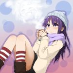  coat footwear futari_wa_precure_splash_star hat hot_drink kagiana long_hair mishou_mai precure purple_hair scarf socks steam striped striped_socks 