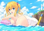  1boy 1girl absurdres ass bikini black_hair blonde_hair blue_eyes blush breasts cliff clouds daiichi_(nijie) hair_bobbles hair_ornament highres huge_breasts innertube lighthouse original sideboob sky snorkel swimsuit water 