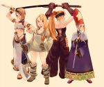  bad_id blonde_hair bracelet braid breasts cleavage dagger dancer_(fft) final_fantasy final_fantasy_tactics geomancer_(fft) gloves hat highres jewelry katana long_hair ponytail revised revision ring robe samurai_(fft) staff sword thighs time_mage time_mage_(fft) uyama_hajime weapon 