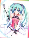  1girl :p blue_eyes boots detached_sleeves fingerless_gloves gloves green_hair hatsune_miku headset highres k-asul long_hair microphone microphone_stand musical_note necktie sitting skirt solo thigh-highs thigh_boots tongue twintails very_long_hair vocaloid wariza 