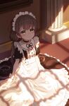  1girl :&amp;lt; black_hair cute hand_on_hip indoors long_hair looking_at_another maid_headdress maid_outfit maidpout original oversized_clothes pillar ribbon shadow sunlight twintails yellow_eyes young 
