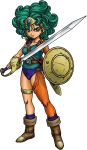  boots circlet curly_hair dragon_quest dragon_quest_iv earrings green_hair heroine_(dq4) highres jewelry official_art shield simple_background solo standing sword thigh_strap toriyama_akira weapon 