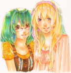  bad_id bespectacled blonde_hair blue_eyes brown_eyes casual copics earrings glasses green_hair highres jewelry kiichi1213 long_hair macross macross_frontier marker_(medium) multiple_girls open_mouth overalls ranka_lee sheryl_nome short_hair smile traditional_media 