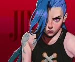  1girl arcane:_league_of_legends artist_name bangs blue_hair braid character_name cloud_tattoo gloves hair_over_one_eye jinx_(league_of_legends) league_of_legends long_hair looking_at_viewer na_yeon pink_eyes red_background serious shoulder_tattoo solo tattoo twin_braids upper_body 