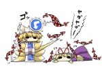  blonde_hair chibi commentary dress fox_tail gap hat holding_another's_tail kurokoori long_hair multiple_girls multiple_tails poking road_sign sign tail tail_grab tantrum tears touhou yakumo_ran yakumo_yukari 