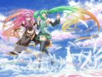  boots cloud clouds detached_sleeves feathers gradient_hair green_eyes green_hair hand_holding hatsune_miku headphones holding_hands isizuka_sam knee_boots long_hair megurine_luka multicolored_hair multiple_girls necktie open_mouth pink_hair skirt sky thigh-highs thigh_boots thighhighs twintails very_long_hair vocaloid 