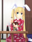  blonde_hair blue_eyes blush bunny_ears chopsticks copyright_request eating food highres japanese_clothes kageira kimono long_hair mochi sitting solo twintails wagashi 