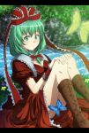  1girl boots bow breasts butterfly cleavage dress front_ponytail green_eyes green_hair hair_bow hair_ribbon hands_on_knees highres kagiyama_hina letterboxed ribbon river rock sitting smile solo touhou wrist_ribbon wrr 