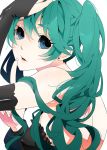 bad_id blue_eyes bridal_gauntlets earrings green_hair hatsune_miku jewelry shushing simple_background solo vocaloid 