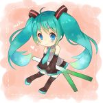 1girl ahoge blue_eyes boots character_name chibi detached_sleeves green_hair hatsune_miku long_hair necktie shirozakana skirt sleeves_past_wrists solo spring_onion thigh-highs thigh_boots twintails very_long_hair vocaloid 
