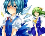  blue_eyes blue_hair blush bow cirno daiyousei green_hair hair_bow multiple_girls nakashima short_hair side_ponytail touhou wings 