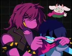  1boy 1girl 1other ^_^ animal_ears armlet armor black_background black_jacket blue_hair blue_skin bracelet clenched_teeth closed_eyes colored_skin deltarune facing_viewer furry furry_female glasses goat_boy goat_ears goat_horns grid_background grin highres horns jacket jewelry kris_(dark_world)_(deltarune) kris_(deltarune) mouth_pull pauldrons pink_scarf pink_skin purple_hair r_25_jjin ralsei scarf semi-rimless_eyewear short_hair shoulder_armor smile spiked_armlet spiked_bracelet spikes susie_(dark_world)_(deltarune) susie_(deltarune) teeth under-rim_eyewear upper_body utdr_(toby_fox) v 