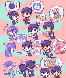  ! ... 1girl 4boys :&gt; ? ?? antenna_hair black_eyes black_hair black_tank_top blue_shirt blush bow bright_pupils brothers character_request check_character check_copyright chibi chibi_only closed_mouth colored_skin copyright_request disney doraemon doraemon_(character) double-parted_bangs dual_persona expressionless hair_between_eyes hair_bow highres holding holding_spatula laser-lance long_hair long_sleeves multiple_boys omori open_mouth pajamas parted_lips pink_bow pluto_(disney) pluto_(omori) pointing pointing_at_another pointing_at_self purple_hair shirt short_hair short_sleeves siblings spatula speech_bubble spoken_character spoken_ellipsis spoken_question_mark spongebob_squarepants spongebob_squarepants_(series) striped_clothes striped_pajamas tank_top triangle_mouth vertical-striped_clothes vertical-striped_pajamas violet_eyes white_pupils white_skin x_(symbol) 