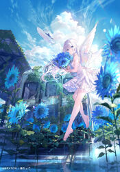  1girl angel_wings bare_legs barefoot blue_eyes blue_flower blue_sky bouquet clouds cloudy_sky day dress feathered_wings flower full_body fuzichoco hat highres holding holding_bouquet holding_flower long_hair looking_at_viewer original outdoors overgrown ruins second-party_source sky sleeveless sleeveless_dress solo sun_hat sunflower toes train train_station unworn_hat unworn_headwear white_dress white_hair white_wings wings 