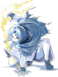  1girl black_eyes blue_gloves blue_hair blue_hood blue_shoes colored_skin commentary_request cookie_(touhou) curtained_hair dress electricity electrokinesis fingerless_gloves flour_(cookie) full_body gloves highres hood hood_up itini-sanshi kumoi_ichirin long_hair looking_at_viewer on_one_knee shoes simple_background sneakers solo touhou white_background white_dress white_skin 