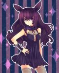  akr_et animal_ears bad_id bare_shoulders breasts cleavage hand_on_hip hips no_bra original purple_eyes purple_hair short_dress solo sparkle striped striped_background thigh-highs thighhighs violet_eyes wrist_cuffs zettai_ryouiki 