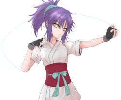  closed_mouth cropped_legs fingerless_gloves gloves green_ribbon hair_between_eyes highres holding holding_string hunter_x_hunter kp944113 looking_at_viewer machi_komacine ponytail purple_hair red_sash ribbon sash short_sleeves sidelocks solo standing string white_background white_dougi yellow_eyes 