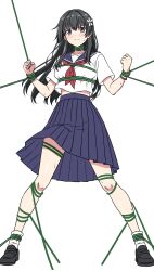  1girl absurdres black_hair black_shoes blue_sailor_collar blue_skirt flower green_eyes hair_flower hair_ornament highres loafers long_hair neckerchief plant pleated_skirt red_neckerchief restrained rise_(rise19851203) sailor_collar sailor_shirt sakugawa_school_uniform saten_ruiko school_uniform serafuku shirt shoes simple_background skirt socks solo summer_uniform toaru_kagaku_no_railgun toaru_majutsu_no_index vines white_background white_shirt white_socks 