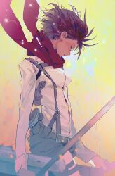  1girl black_hair breasts chaerenlover cowboy_shot dual_wielding half-closed_eyes harness hashtag-only_commentary highres holding holding_sword holding_weapon long_sleeves medium_breasts mikasa_ackerman pants parted_lips red_scarf scar scar_on_cheek scar_on_face scarf shingeki_no_kyojin shirt short_hair solo sword three-dimensional_maneuver_gear weapon white_pants white_shirt 