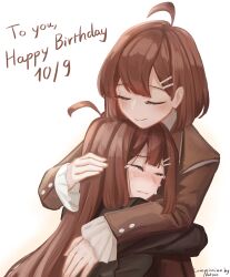  2girls :&gt; absurdres ahoge black_jacket brown_coat brown_hair closed_eyes coat collared_shirt crying dated hair_ornament hairclip happy_birthday highres hod_(project_moon) hug jacket library_of_ruina lobotomy_corporation long_hair long_sleeves looking_at_another multiple_girls natsoo_(natsoomeee) project_moon shirt simple_background standing upper_body white_background white_shirt 