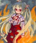  ama-tou bow fire fujiwara_no_mokou hair_bow hand_on_own_chest hand_to_chest highres long_hair pants ponytail sidelocks solo suspenders touhou very_long_hair 