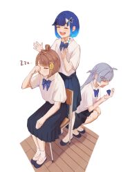  3girls adjusting_another&#039;s_hair alternate_costume blue_bow blue_bowtie blue_hair blue_skirt bow bowtie brown_hair chair closed_eyes collared_shirt gradient_hair grey_hair hair_flaps hair_rings highres long_hair medium_hair multicolored_hair multiple_girls open_mouth parted_bangs pleated_skirt school_chair school_uniform sendo_yuuhi shirt shirt_tucked_in shoes short_sleeves simple_background single_hair_ring sitting skirt socks squatting streaked_hair tsubu_(kappunioyu562) tsumugi_kokage two_side_up uwabaki virtual_youtuber vspo! water_drop_hair_ornament white_background white_shirt white_socks wooden_floor yano_kuromu zzz 