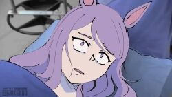  1girl animal_ears artist_name english_commentary horse_ears horse_girl hospital long_hair looking_at_another mejiro_mcqueen_(umamusume) open_mouth operating_table parted_bangs photo_background pillow purple_hair saikekuu sanpaku scared surgery table umamusume violet_eyes watermark 
